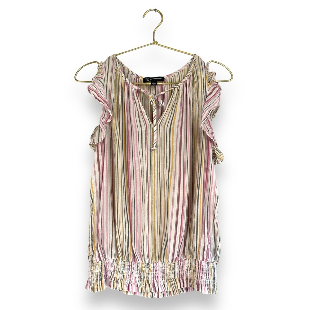 INC Womens Striped Ruffle Sleeve Top Pink Yellow Boho Blouse Size L 0304